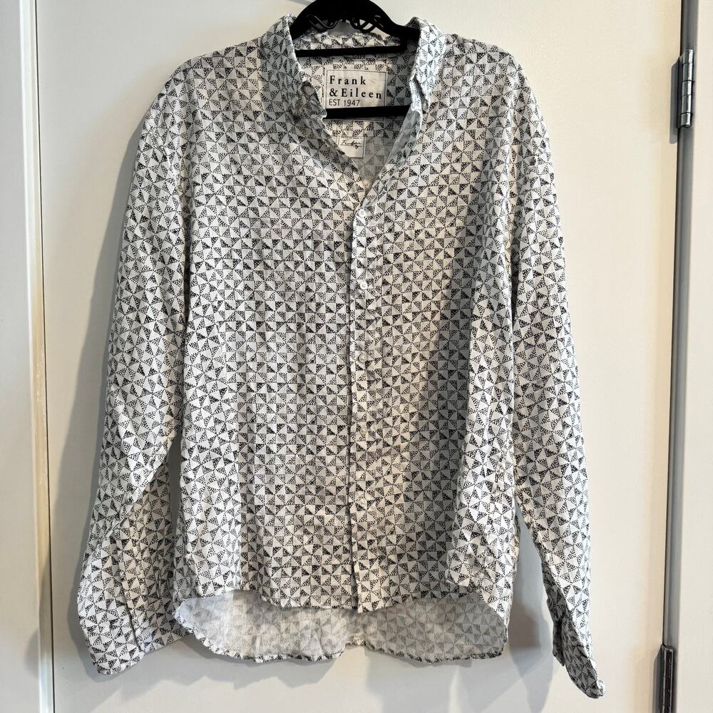 Frank & Eileen Finbar 100% Linen Geometric Button-Up Shirt White Black Sz XL